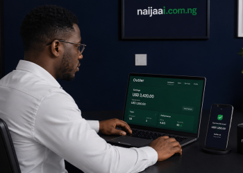 Nigerian professional reviewing AI platform earnings dashboard in Lagos home office — naijaai.com.ng
