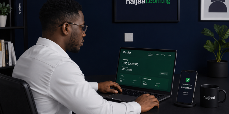 Nigerian professional reviewing AI platform earnings dashboard in Lagos home office — naijaai.com.ng