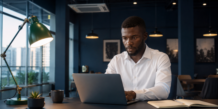 Nigerian AI professional working on a laptop at a co-working space in Abuja