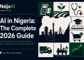 Illustrated editorial graphic showing AI adoption across Nigerian industries — NaijaAI 2026