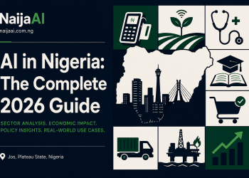 Illustrated editorial graphic showing AI adoption across Nigerian industries — NaijaAI 2026