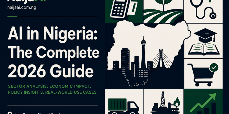 Illustrated editorial graphic showing AI adoption across Nigerian industries — NaijaAI 2026