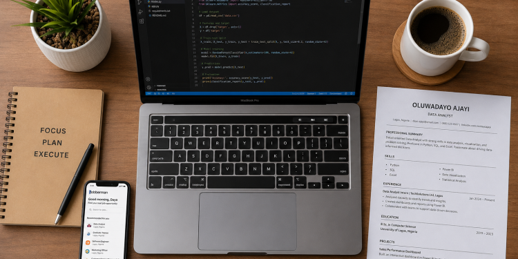 AI careers Nigeria desk setup with Python coding laptop, job search app, CV, coffee, and Nigerian flag in a modern Lagos office.