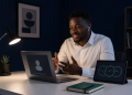 Nigerian AI professional working remotely from a home office during a video interview