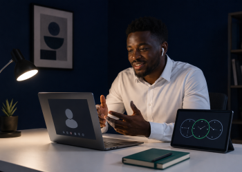 Nigerian AI professional working remotely from a home office during a video interview