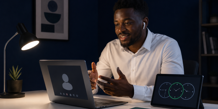 Nigerian AI professional working remotely from a home office during a video interview
