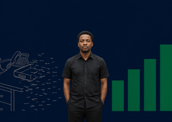 Illustration of a Nigerian professional standing between a fading clerical desk and a rising bar chart, representing the shift from routine office work toward AI-era job growth in Nigeria.