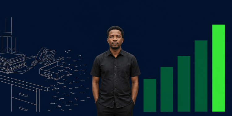 Illustration of a Nigerian professional standing between a fading clerical desk and a rising bar chart, representing the shift from routine office work toward AI-era job growth in Nigeria.
