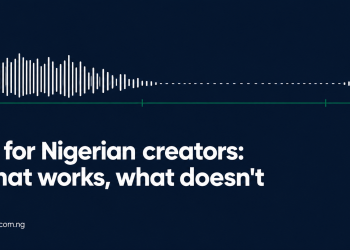 Audio waveform that is strong on the left, drops out in the middle and restarts on the right, showing the gap in Nigerian-language voice AI