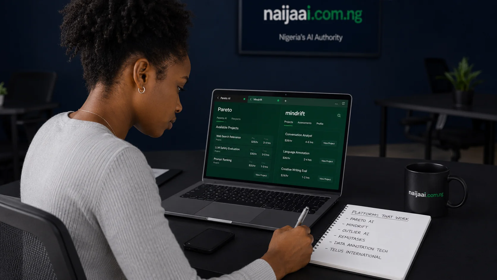 Nigerian woman comparing Pareto AI and Mindrift platforms on laptop at Lagos co-working space