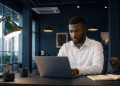 Nigerian AI professional working on a laptop at a co-working space in Abuja