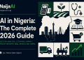 Illustrated editorial graphic showing AI adoption across Nigerian industries — NaijaAI 2026