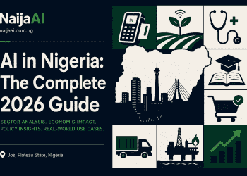 Illustrated editorial graphic showing AI adoption across Nigerian industries — NaijaAI 2026