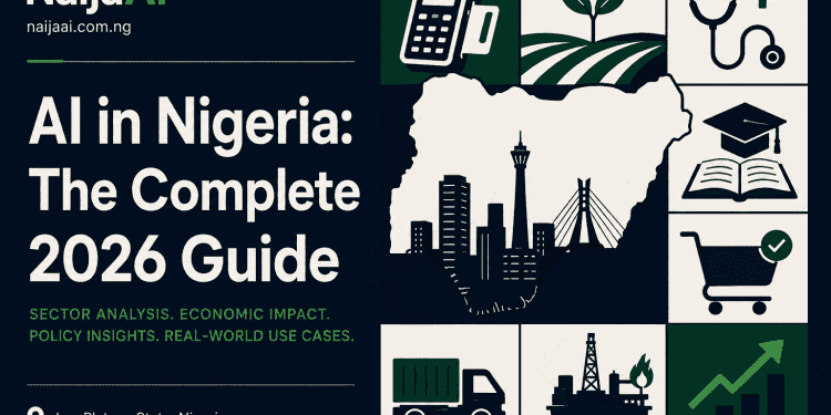 Illustrated editorial graphic showing AI adoption across Nigerian industries — NaijaAI 2026