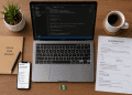 AI careers Nigeria desk setup with Python coding laptop, job search app, CV, coffee, and Nigerian flag in a modern Lagos office.
