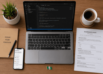 AI careers Nigeria desk setup with Python coding laptop, job search app, CV, coffee, and Nigerian flag in a modern Lagos office.