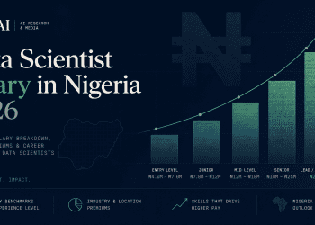 A data journalism-style featured graphic for NaijaAI showing an abstract bar chart salary progression in dark navy and emerald, titled "Data Scientist Salary in Nigeria 2026."