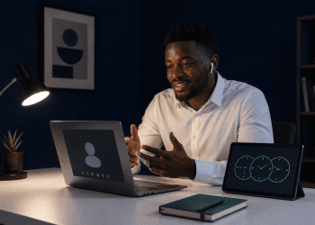 Nigerian AI professional working remotely from a home office during a video interview