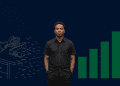 Illustration of a Nigerian professional standing between a fading clerical desk and a rising bar chart, representing the shift from routine office work toward AI-era job growth in Nigeria.