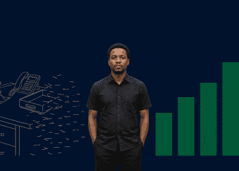 Illustration of a Nigerian professional standing between a fading clerical desk and a rising bar chart, representing the shift from routine office work toward AI-era job growth in Nigeria.